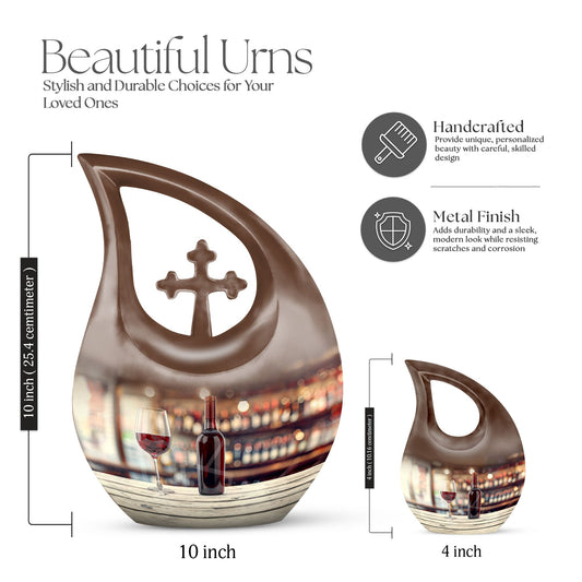 10-inch Wine Urn with Cross Drop design for ashes, customizable, includes velvet pouch