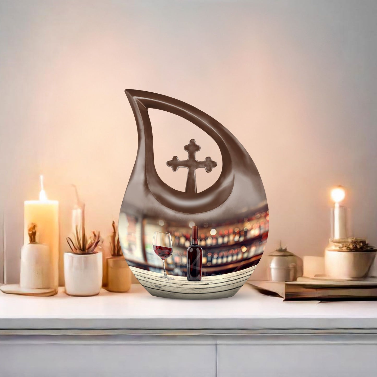 10-inch Wine Urn with Cross Drop design for ashes, customizable, includes velvet pouch