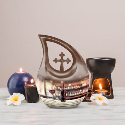 10-inch Wine Urn with Cross Drop design for ashes, customizable, includes velvet pouch