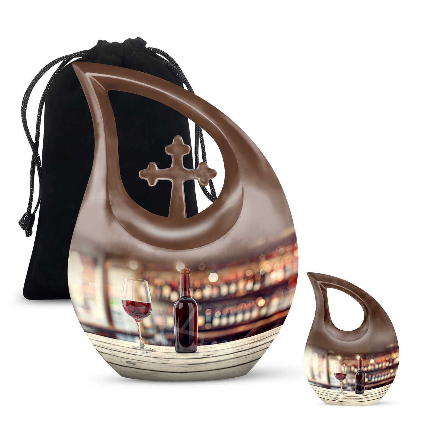10-inch Wine Urn with Cross Drop design for ashes, customizable, includes velvet pouch