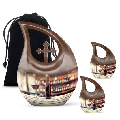 10-inch Wine Urn with Cross Drop design for ashes, customizable, includes velvet pouch