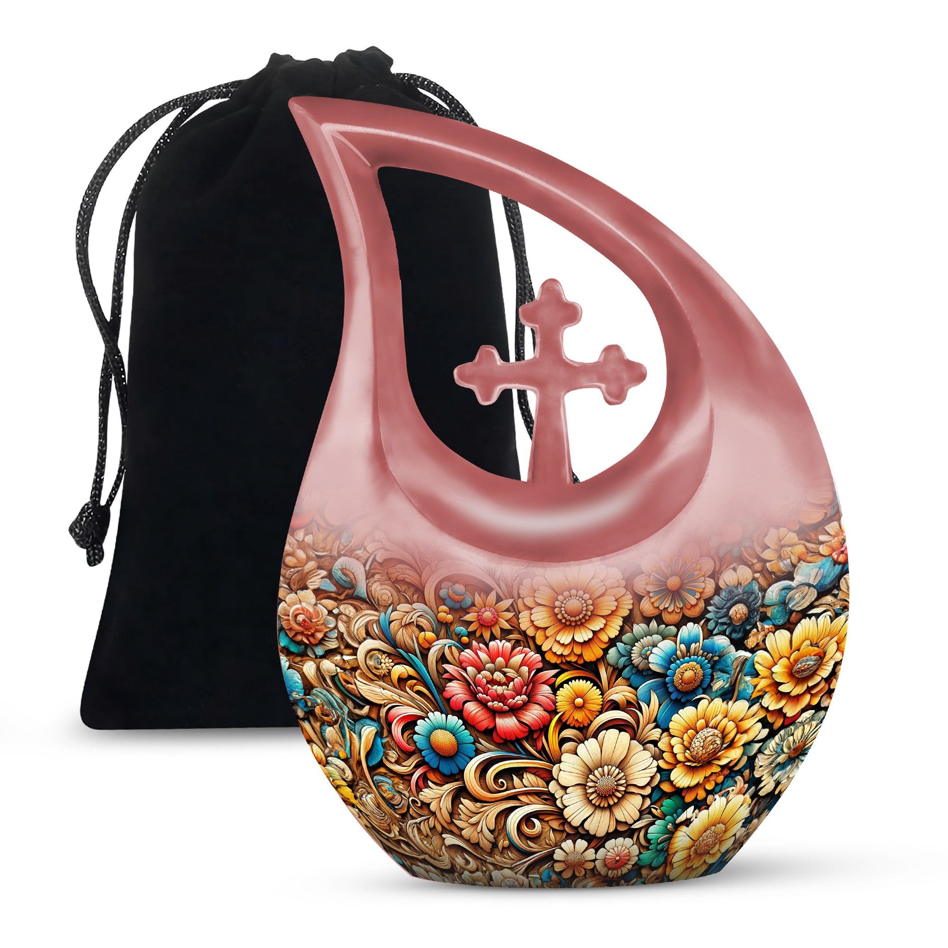 10 Inch Cross Drop Flowers Urn, Keepsake Urn for Ashes, Includes Velvet Pouch