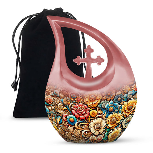 10 Inch Cross Drop Flowers Urn, Keepsake Urn for Ashes, Includes Velvet Pouch
