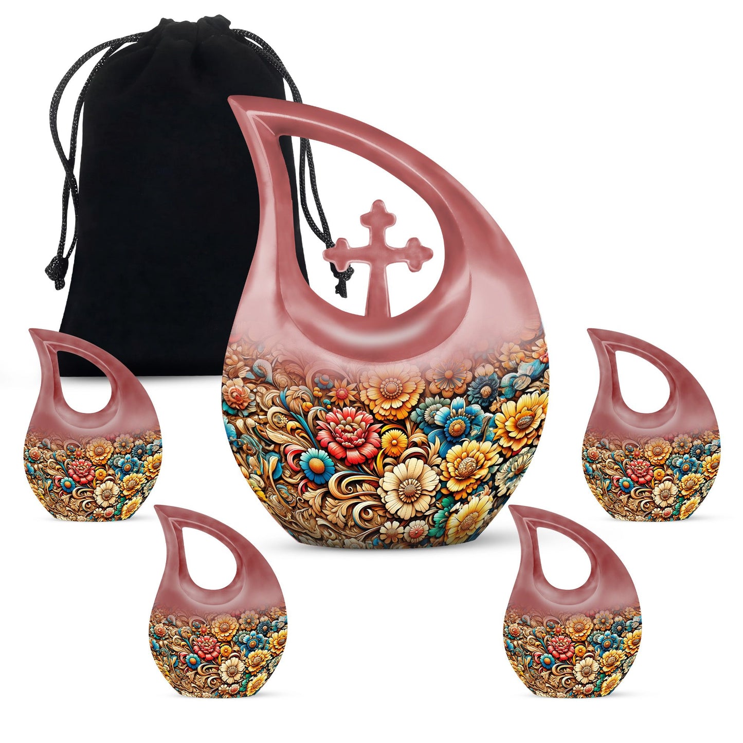10 Inch Cross Drop Flowers Urn, Keepsake Urn for Ashes, Includes Velvet Pouch