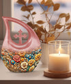 10 Inch Cross Drop Flowers Urn, Keepsake Urn for Ashes, Includes Velvet Pouch