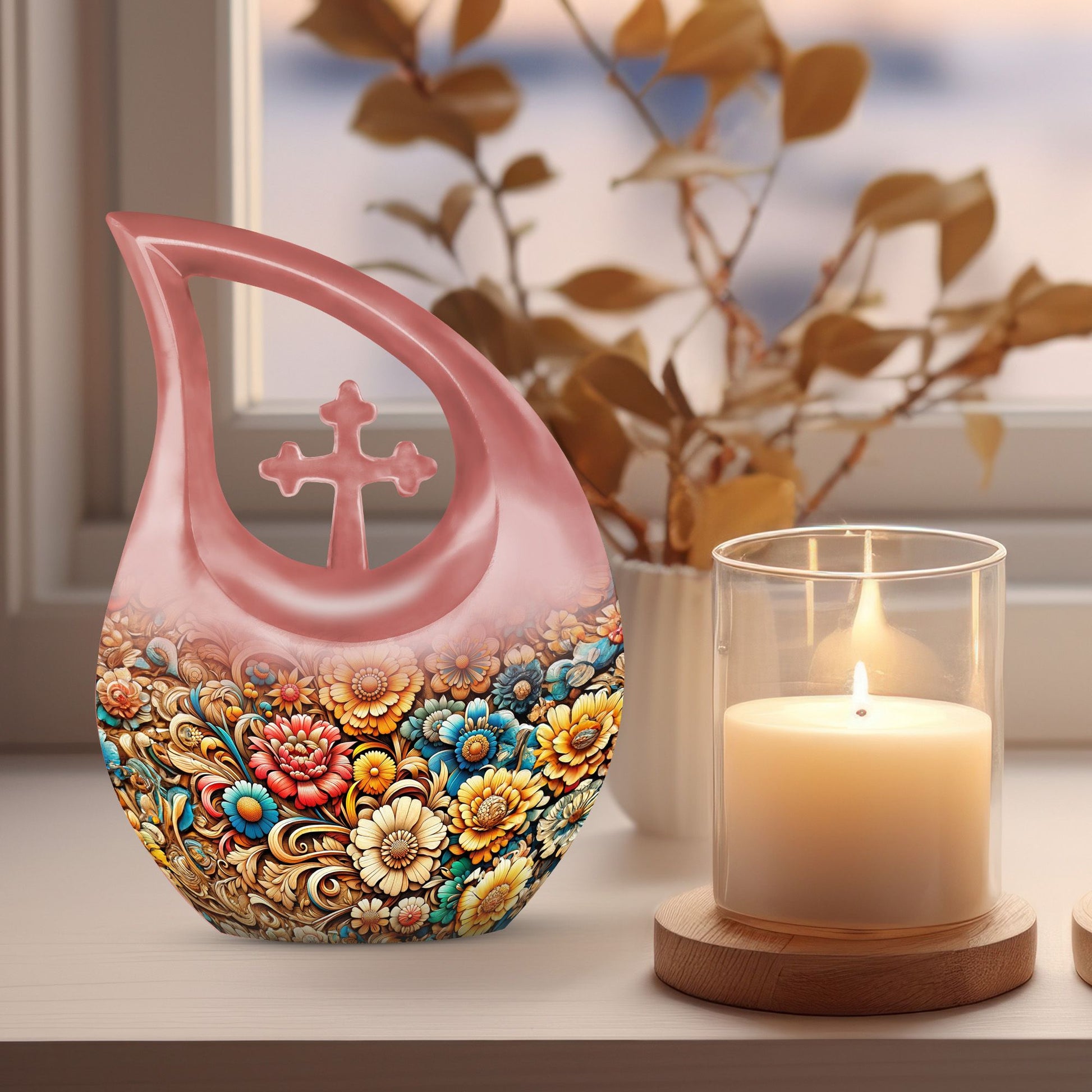 10 Inch Cross Drop Flowers Urn, Keepsake Urn for Ashes, Includes Velvet Pouch