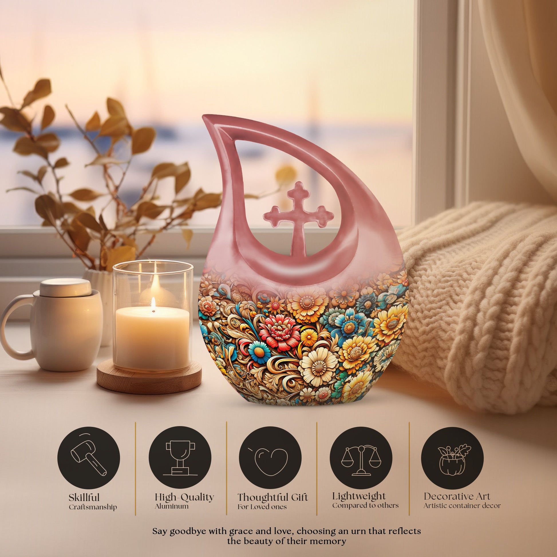 10 Inch Cross Drop Flowers Urn, Keepsake Urn for Ashes, Includes Velvet Pouch