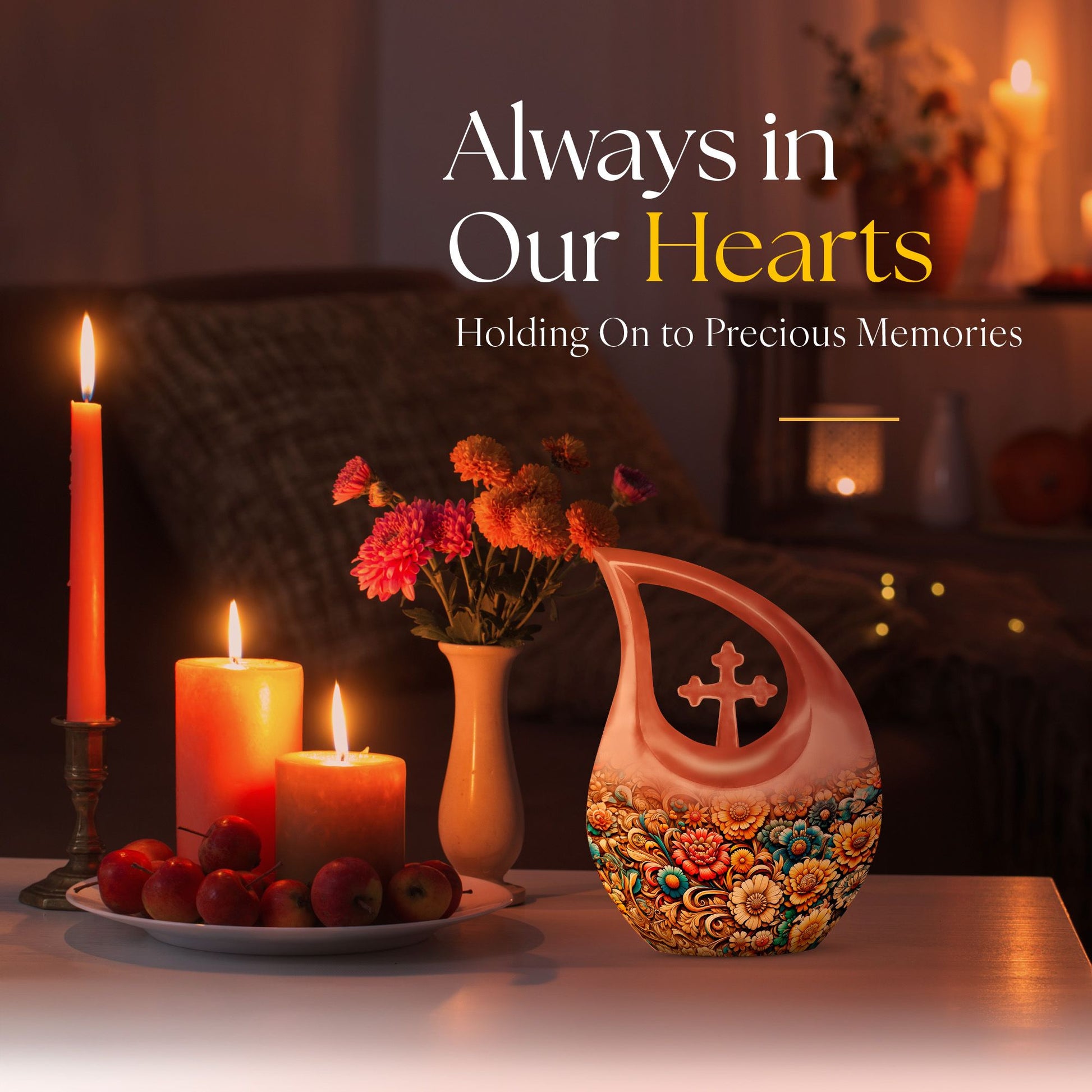 10 Inch Cross Drop Flowers Urn, Keepsake Urn for Ashes, Includes Velvet Pouch