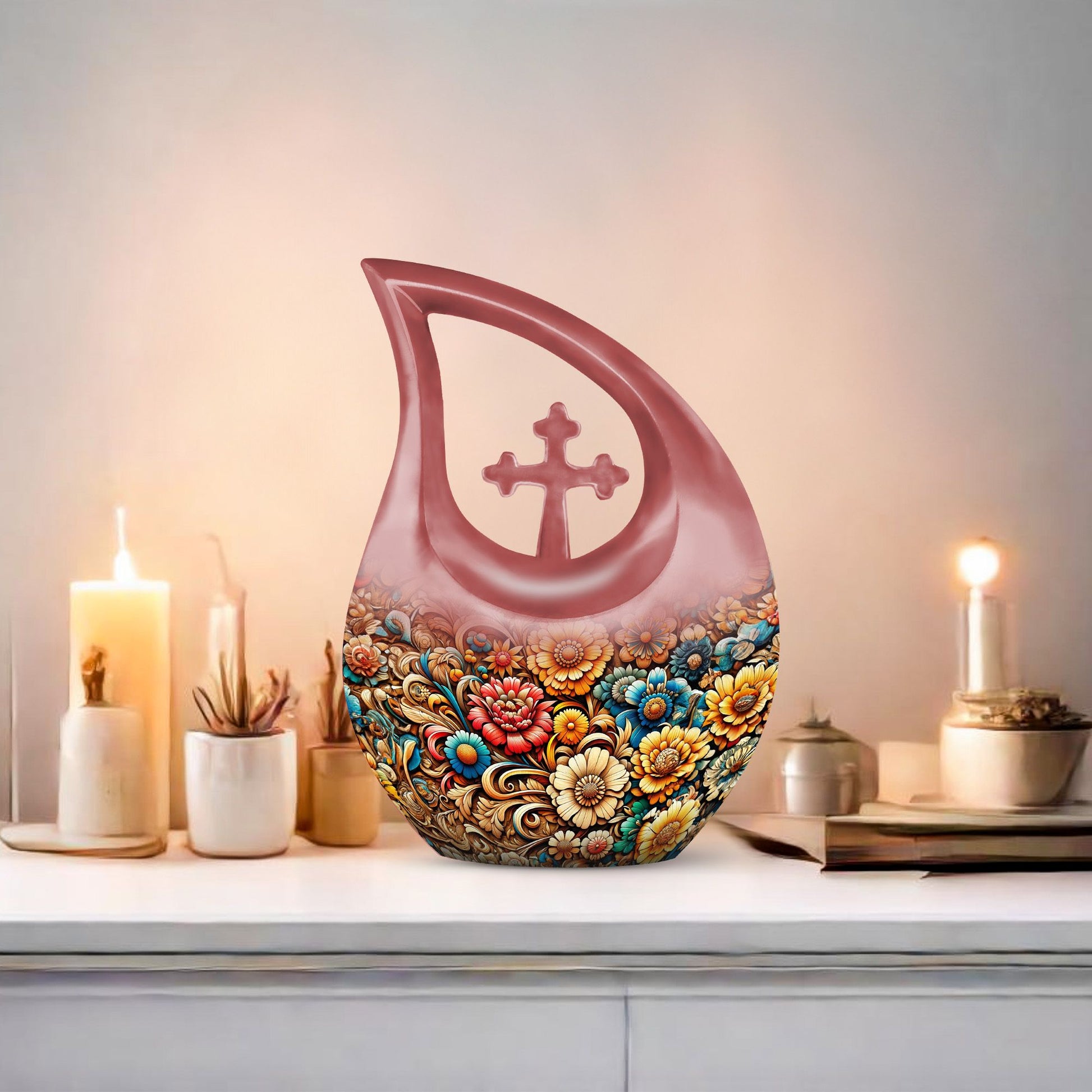 10 Inch Cross Drop Flowers Urn, Keepsake Urn for Ashes, Includes Velvet Pouch