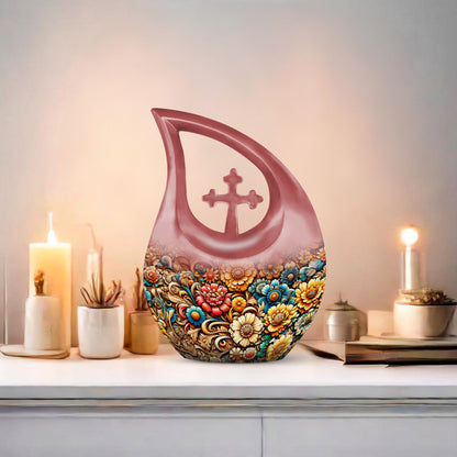 10 Inch Cross Drop Flowers Urn, Keepsake Urn for Ashes, Includes Velvet Pouch