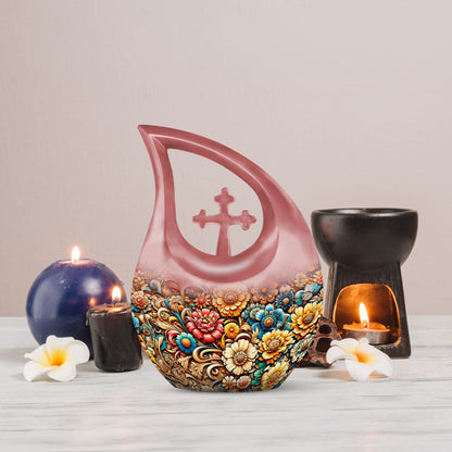 10 Inch Cross Drop Flowers Urn, Keepsake Urn for Ashes, Includes Velvet Pouch