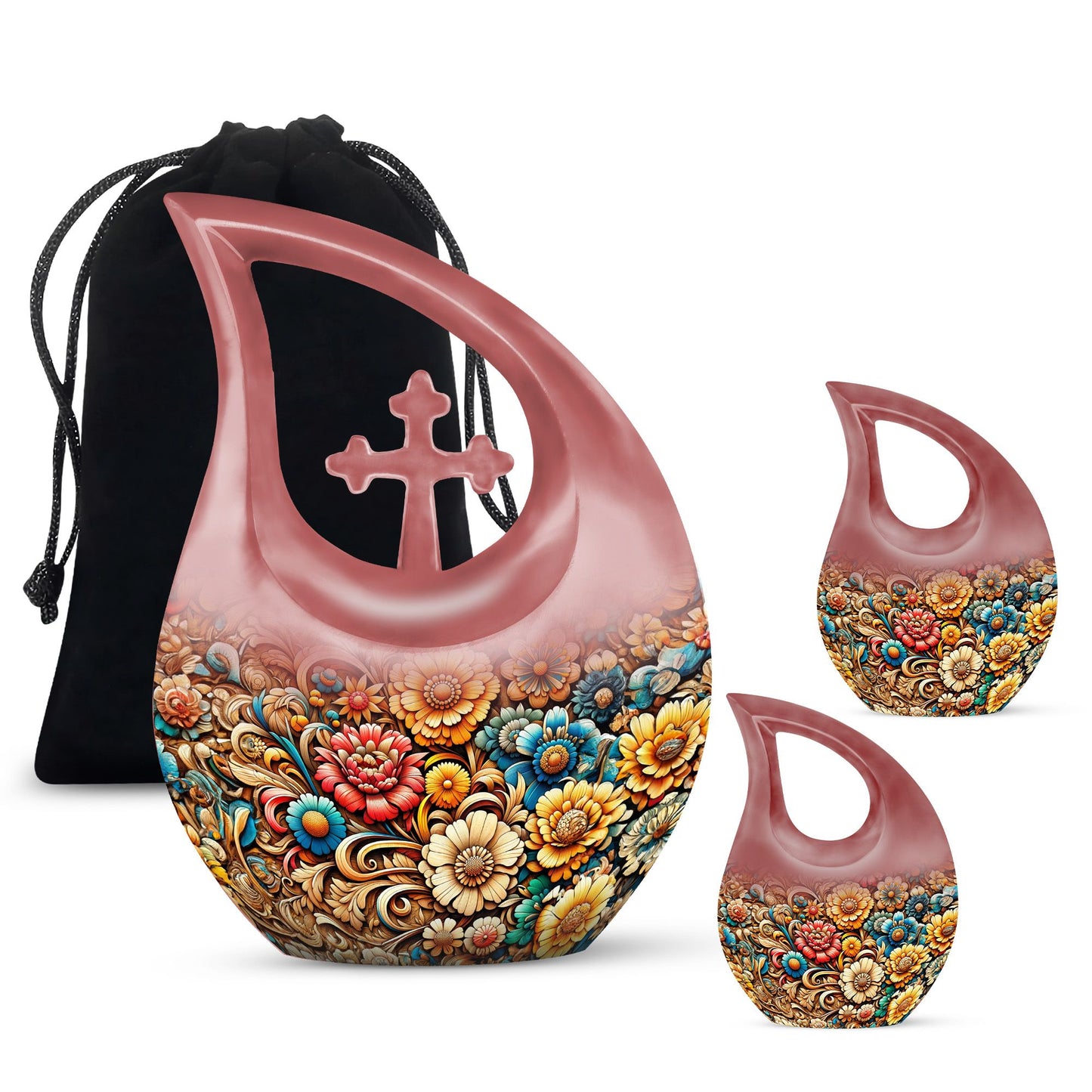 10 Inch Cross Drop Flowers Urn, Keepsake Urn for Ashes, Includes Velvet Pouch