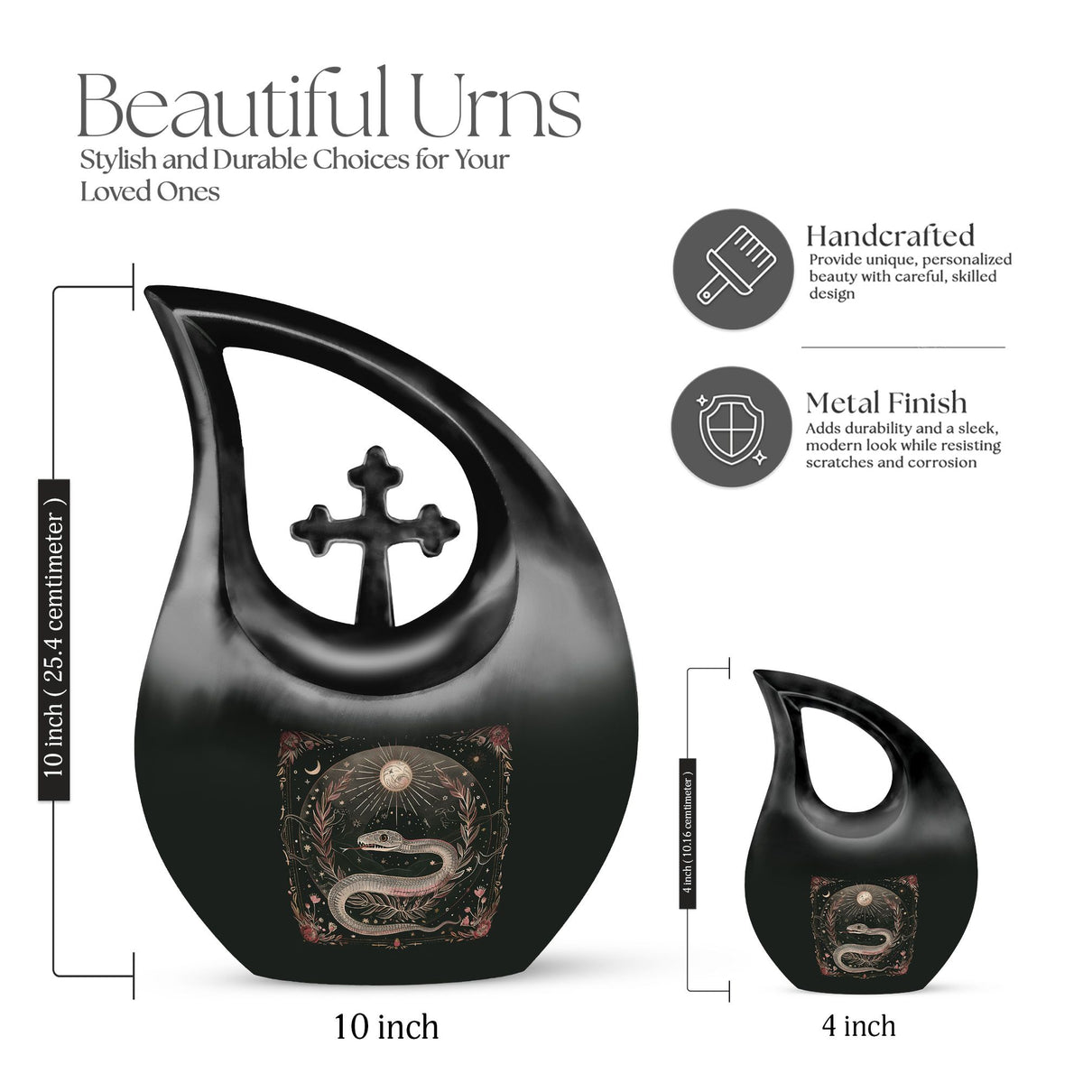 10-inch Snake Urn with Cross Drop Design, Offering Engraved Personalization