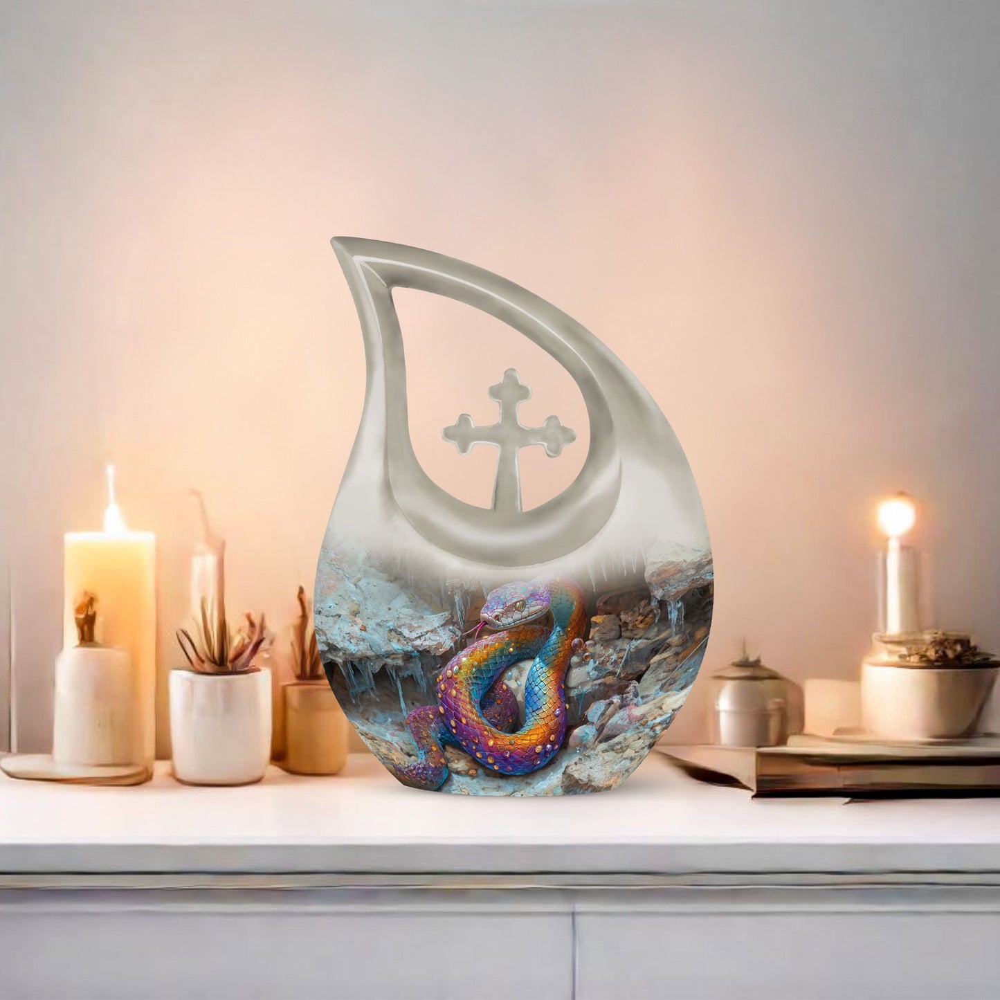 10-inch Snake Urn with Cross Drop design, Customizable Aluminium Protective Memorial Urn