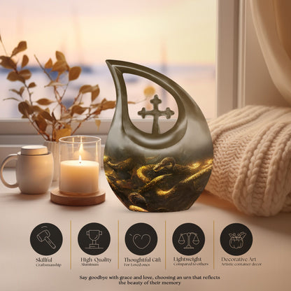 10-inch Snake Urn with Cross Drop design for mom's ashes, 