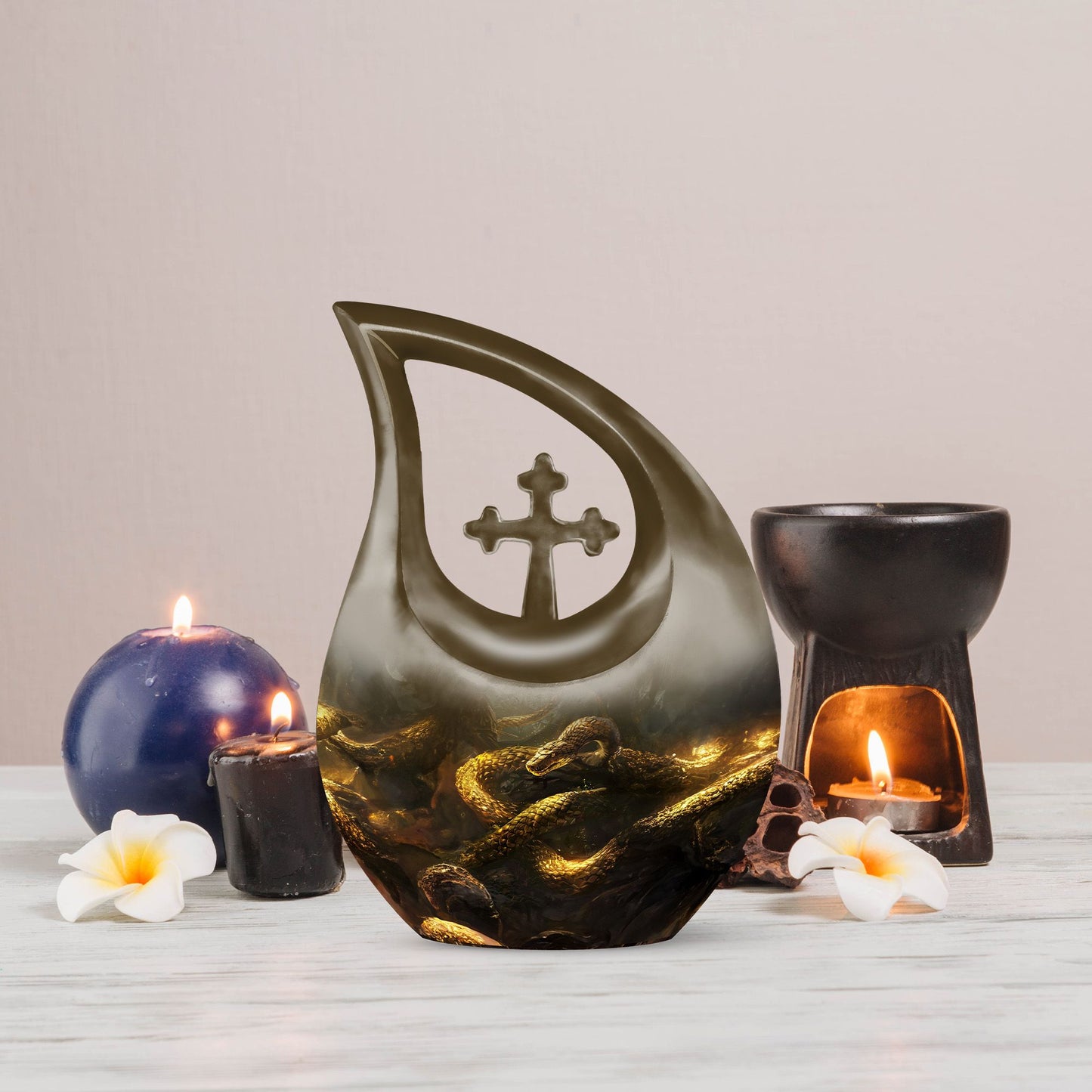 10-inch Snake Urn with Cross Drop design for mom's ashes, 