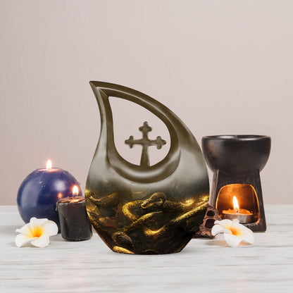 10-inch Snake Urn with Cross Drop design for mom's ashes, 