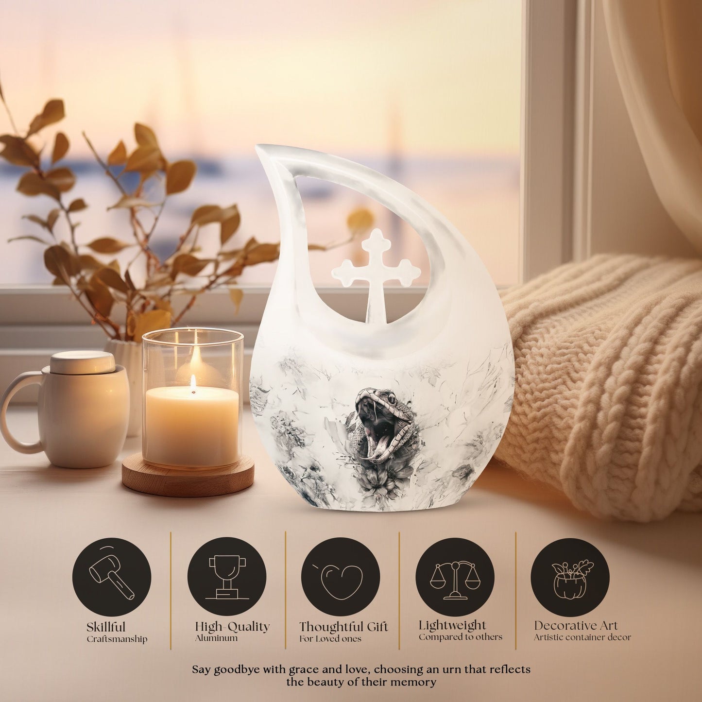  large Snake Urn with Cross Drop design for memorial purpose