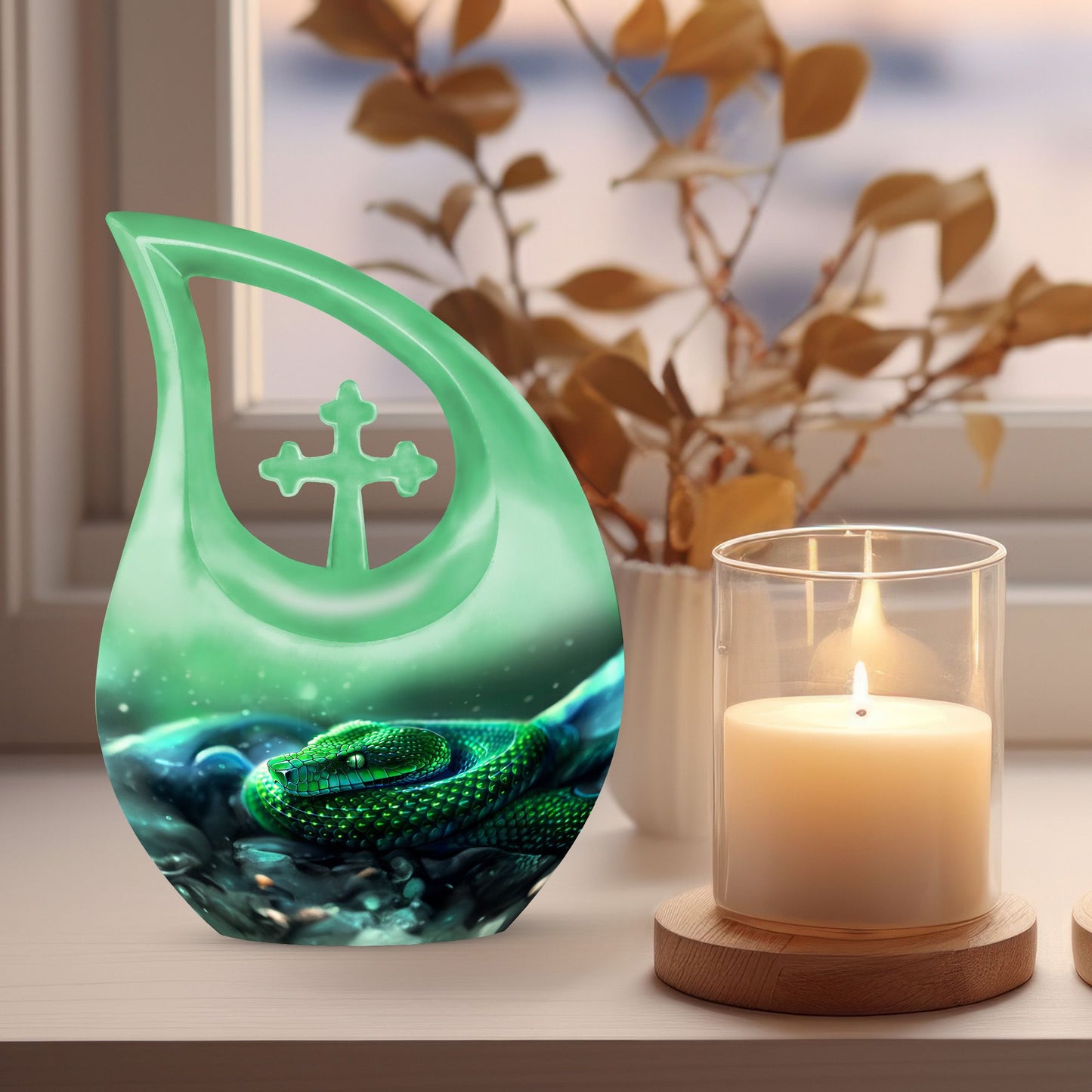 10-inch custom mom urn, snake design with cross drop,