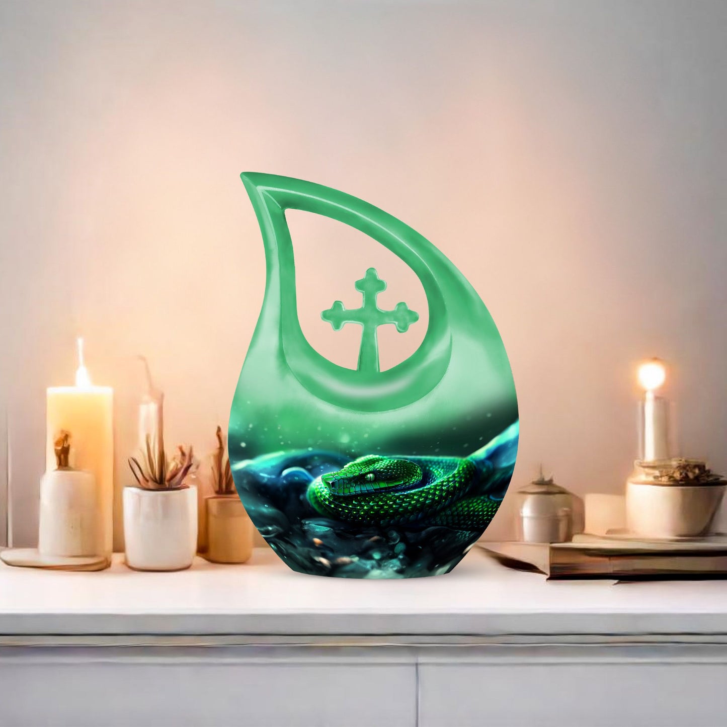 10-inch custom mom urn, snake design with cross drop,