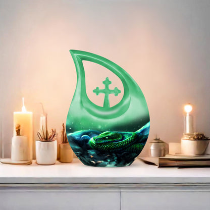 10-inch custom mom urn, snake design with cross drop,