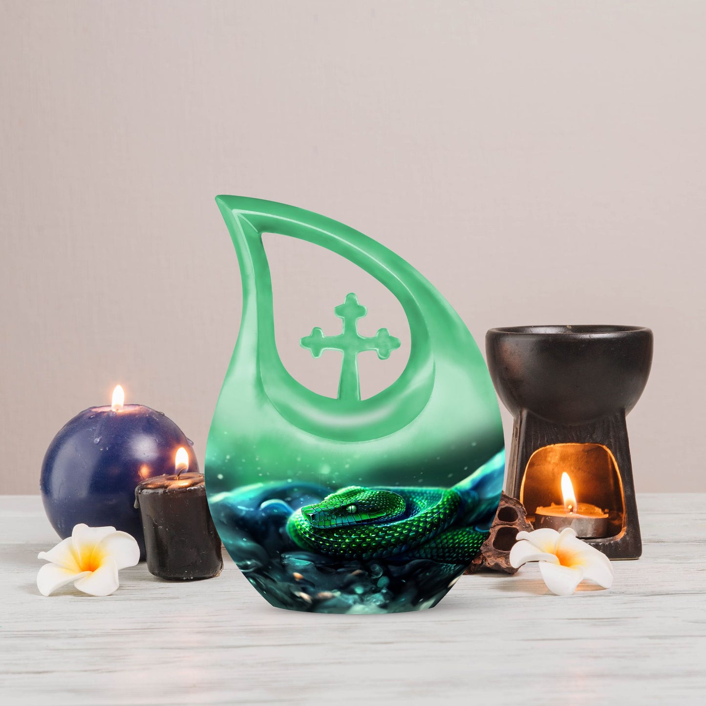 10-inch custom mom urn, snake design with cross drop,