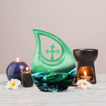 10-inch custom mom urn, snake design with cross drop,