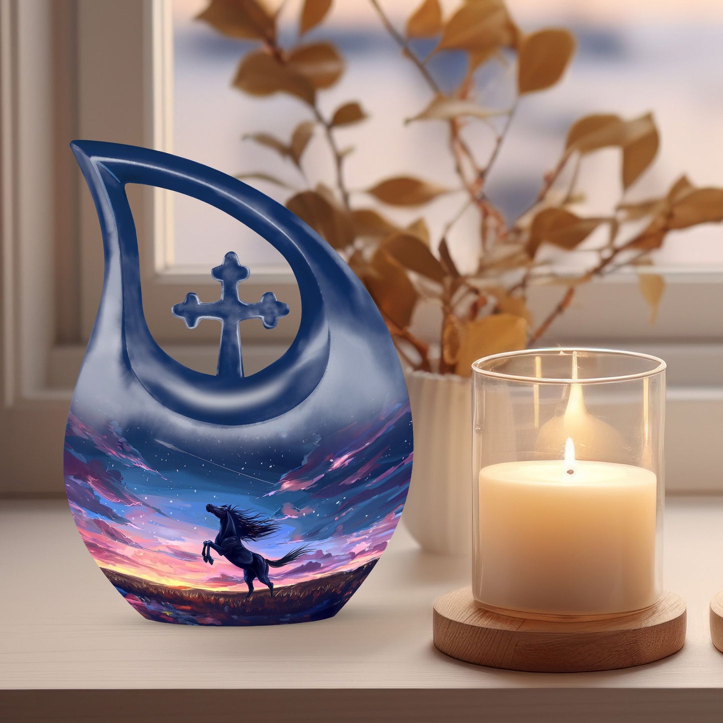 10-inch Horse Urn with Cross Drop design, 