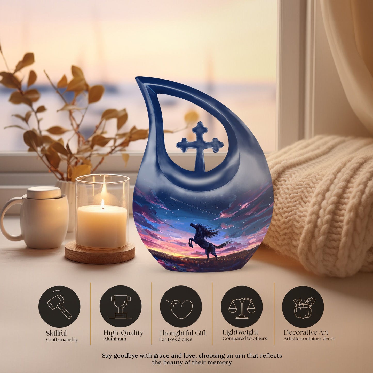 10-inch Horse Urn with Cross Drop design, 