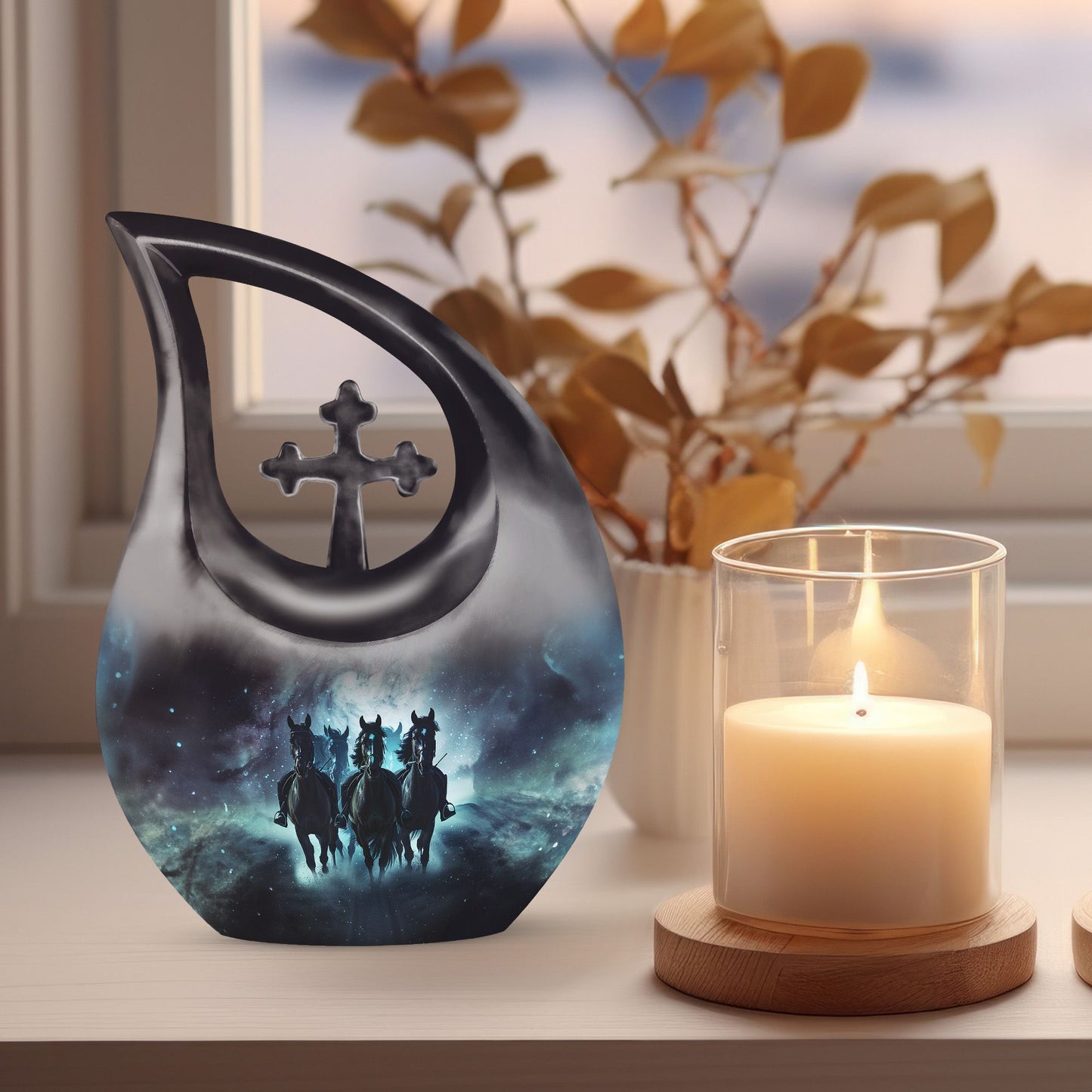 10-inch Horse Urn featuring a Cross Drop Design ideal as a memorial, made from aluminium