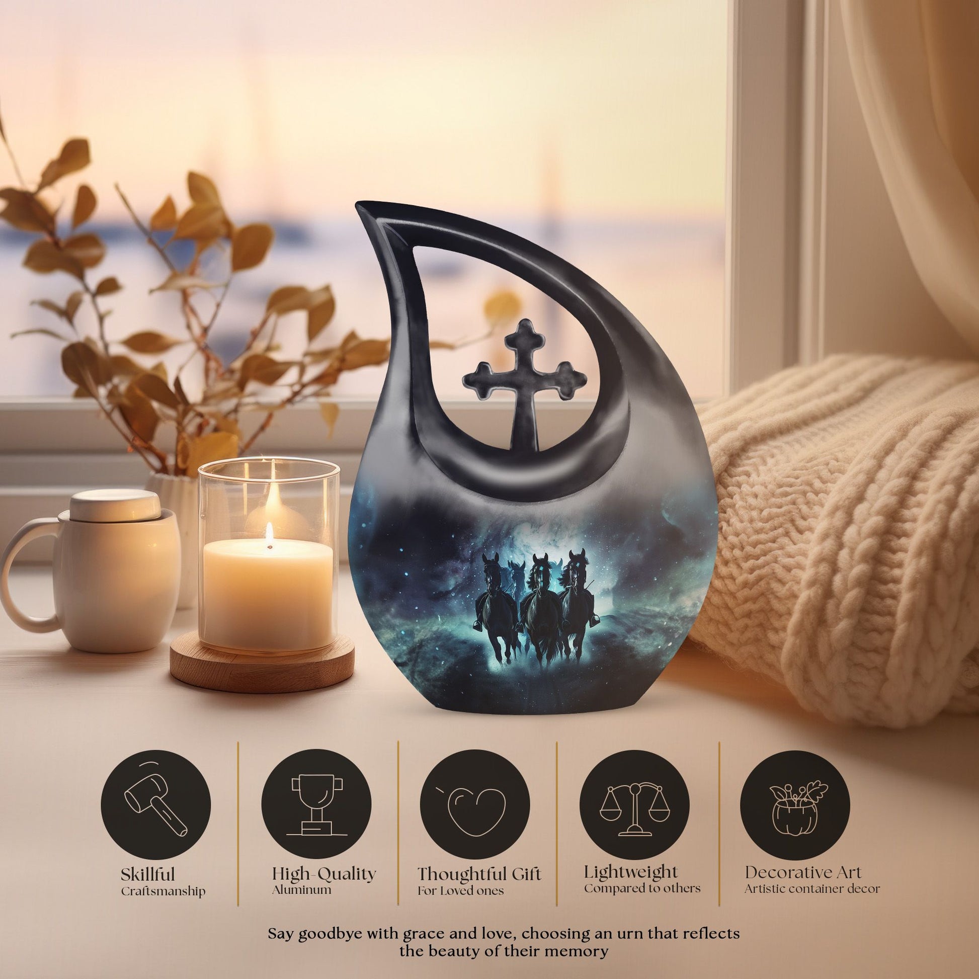 10-inch Horse Urn featuring a Cross Drop Design ideal as a memorial, made from aluminium