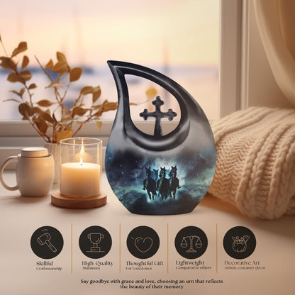 10-inch Horse Urn featuring a Cross Drop Design ideal as a memorial, made from aluminium