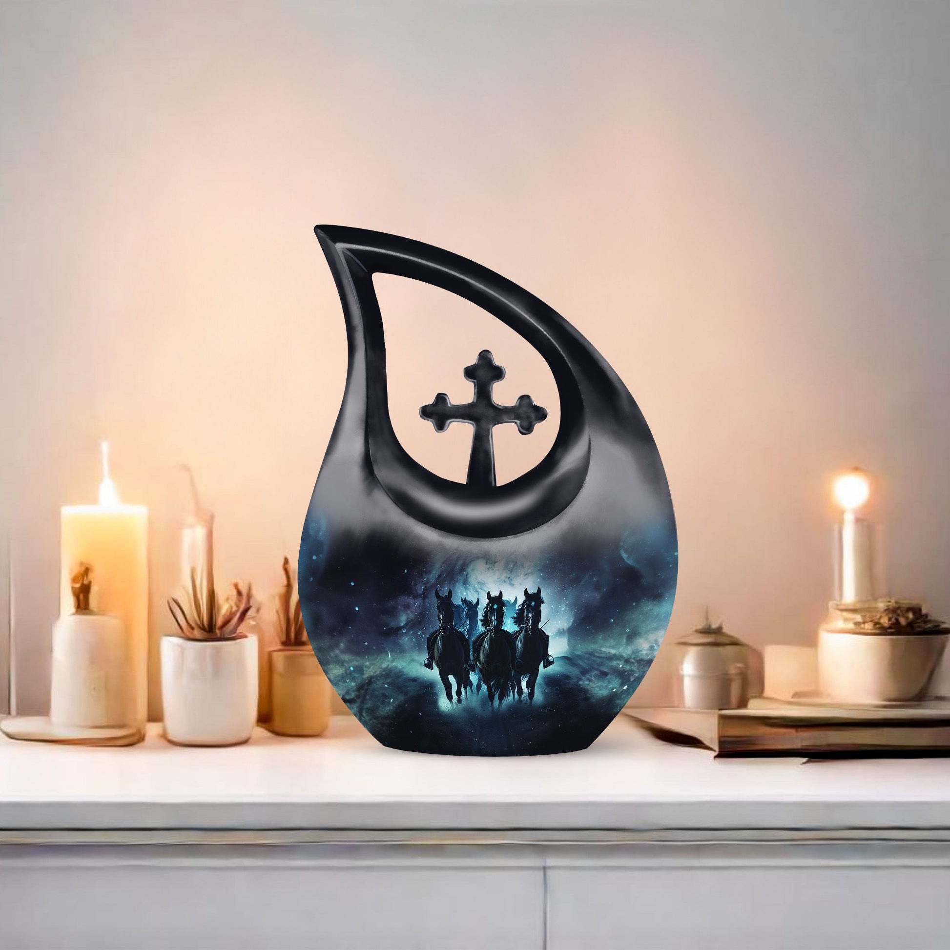 10-inch Horse Urn featuring a Cross Drop Design ideal as a memorial, made from aluminium
