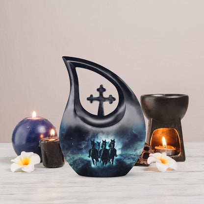 10-inch Horse Urn featuring a Cross Drop Design ideal as a memorial, made from aluminium