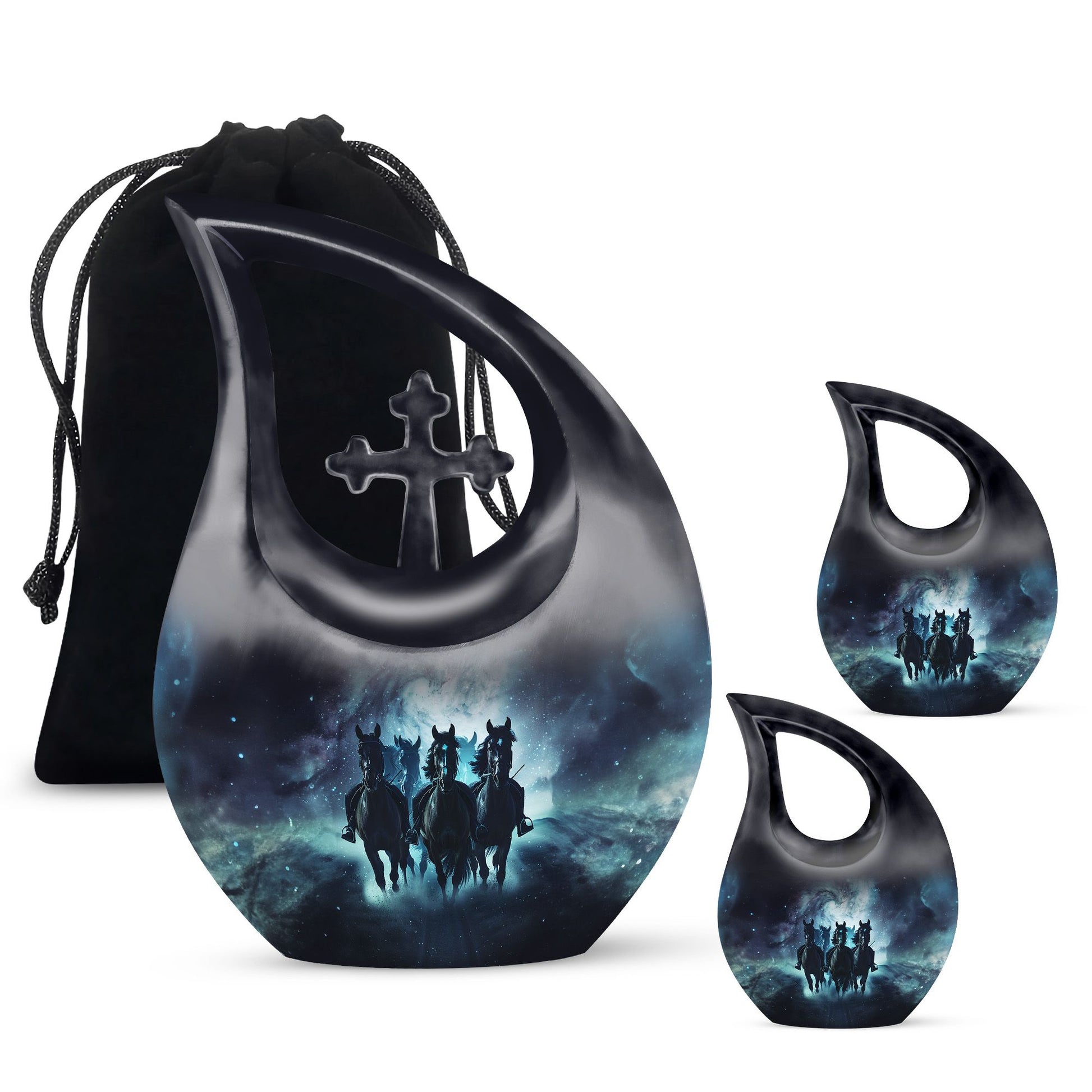 10-inch Horse Urn featuring a Cross Drop Design ideal as a memorial, made from aluminium