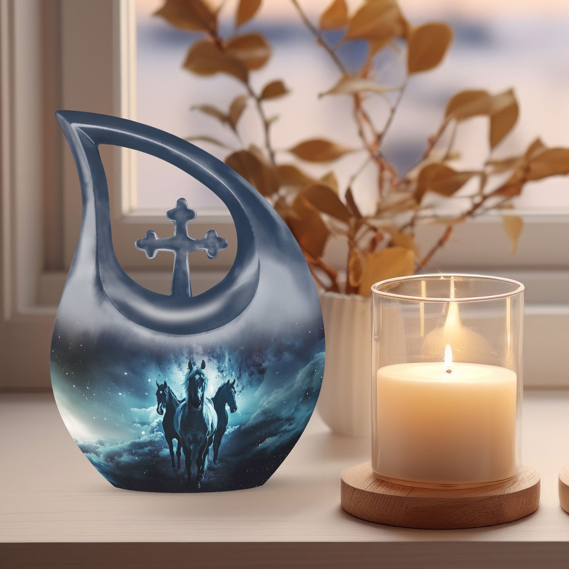10-inch Horse themed Cross Drop urn 