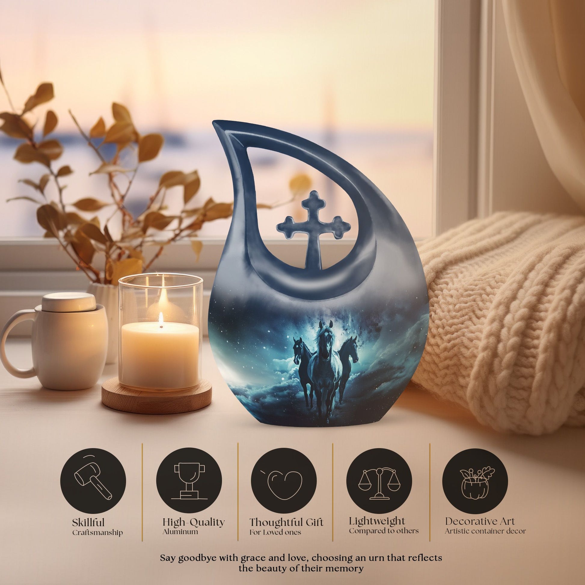 10-inch Horse themed Cross Drop urn 