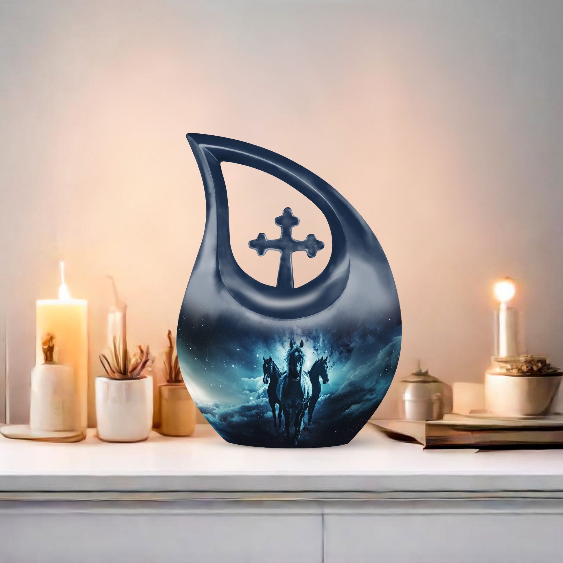 10-inch Horse themed Cross Drop urn 