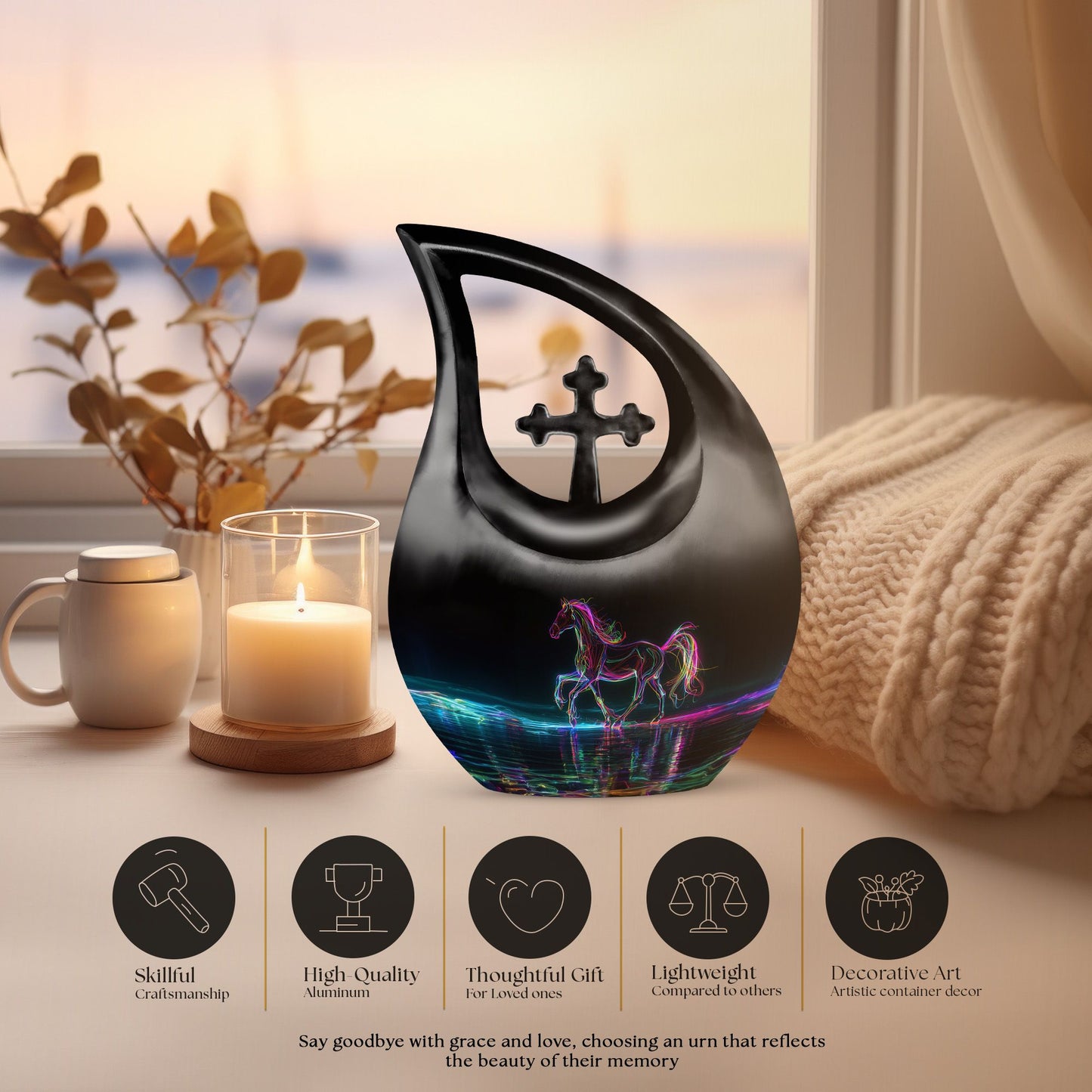  10-inch horse urn with Cross Drop design,