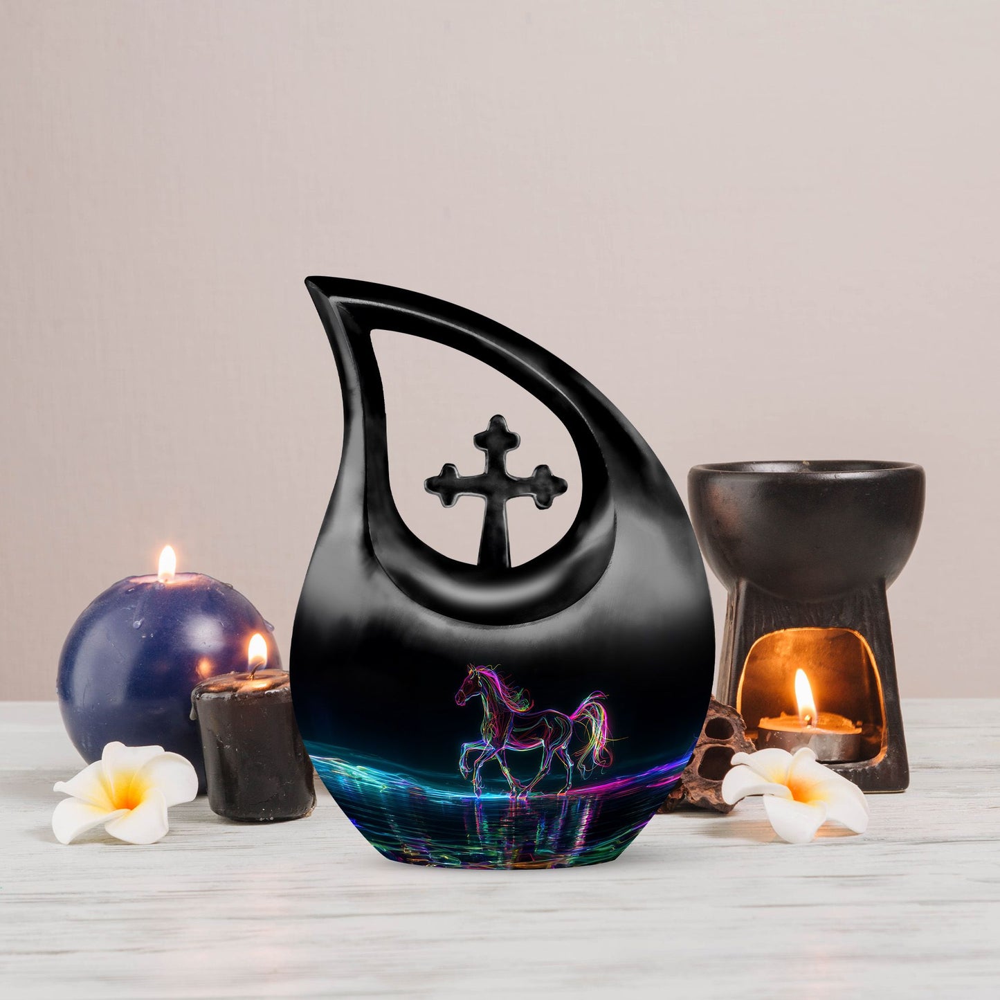 10-inch horse urn with Cross Drop design,