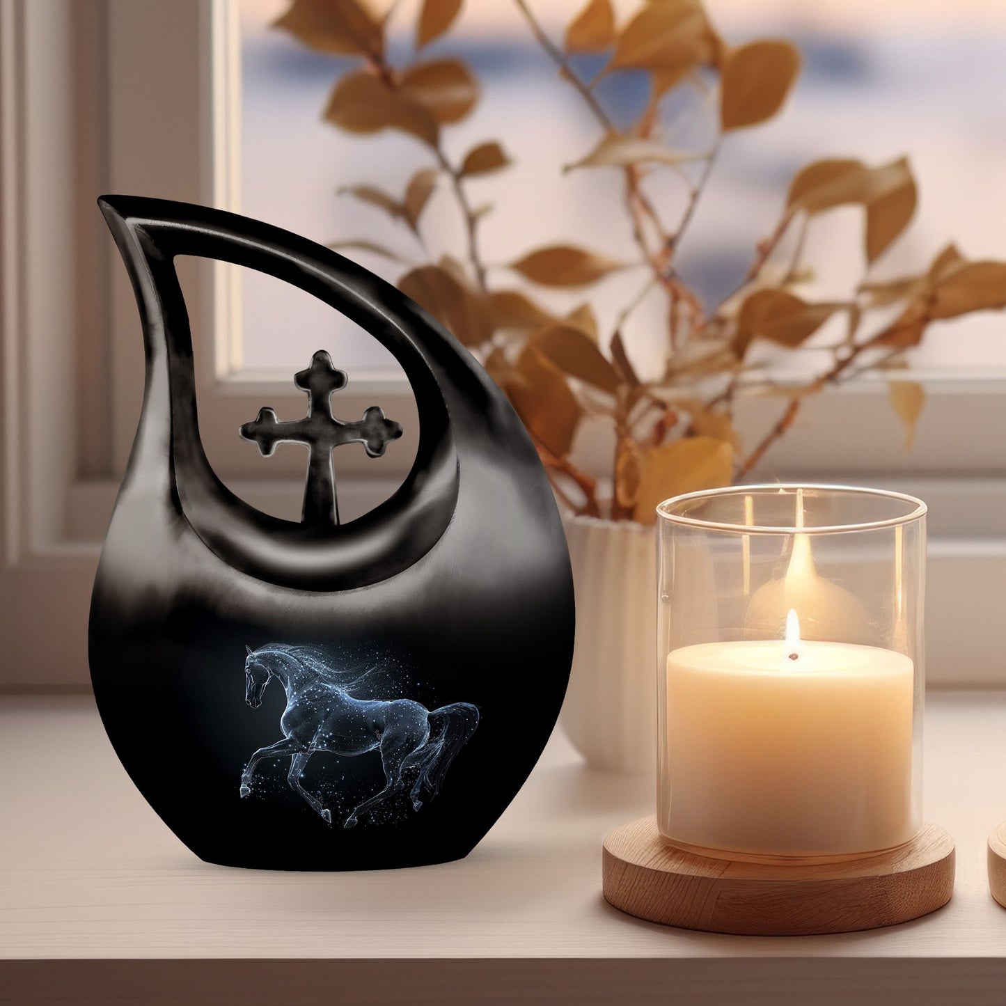 Medium-sized horse theme Cross Drop urn, 