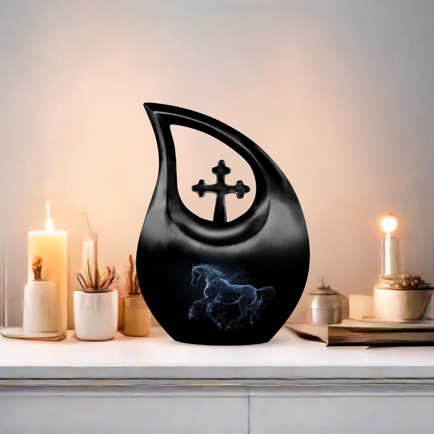 Medium-sized horse theme Cross Drop urn, 