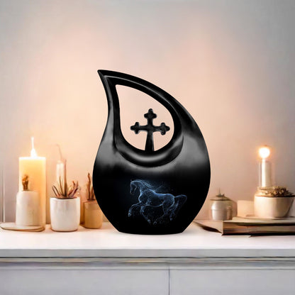 Medium-sized horse theme Cross Drop urn, 