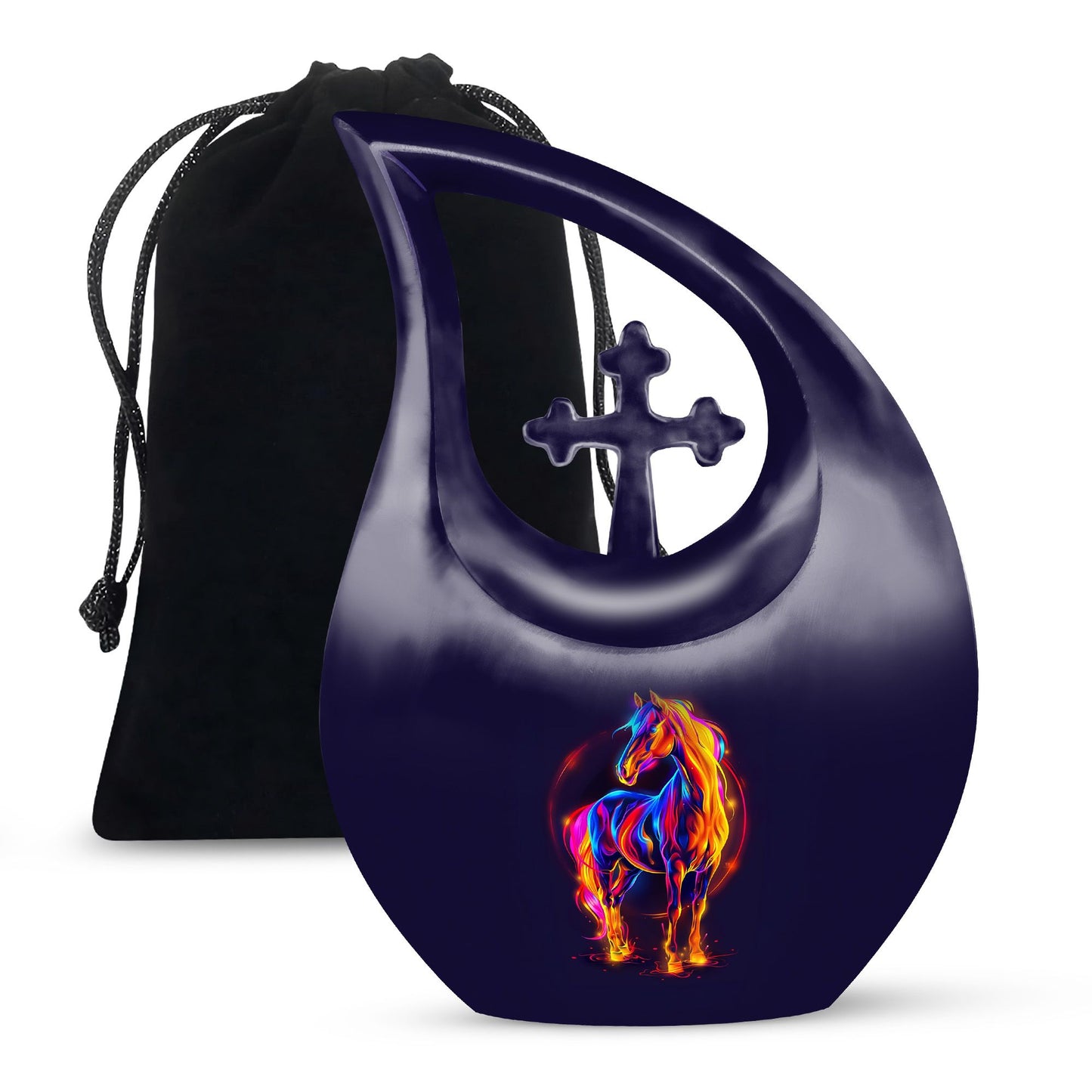 horse urn with cross drop design