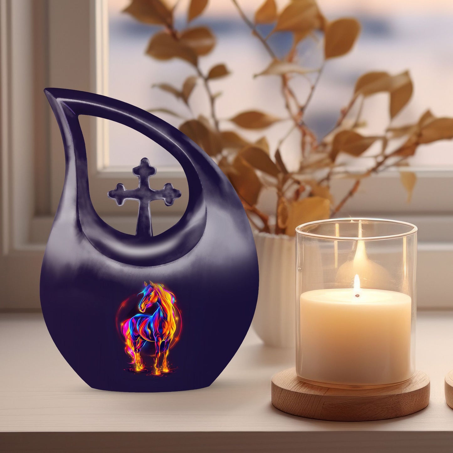 horse urn with cross drop design