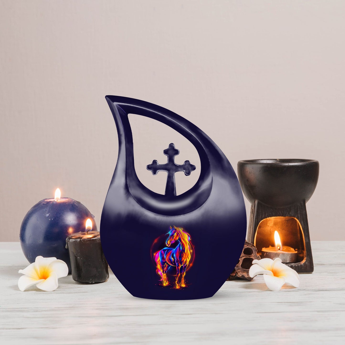 horse urn with cross drop design