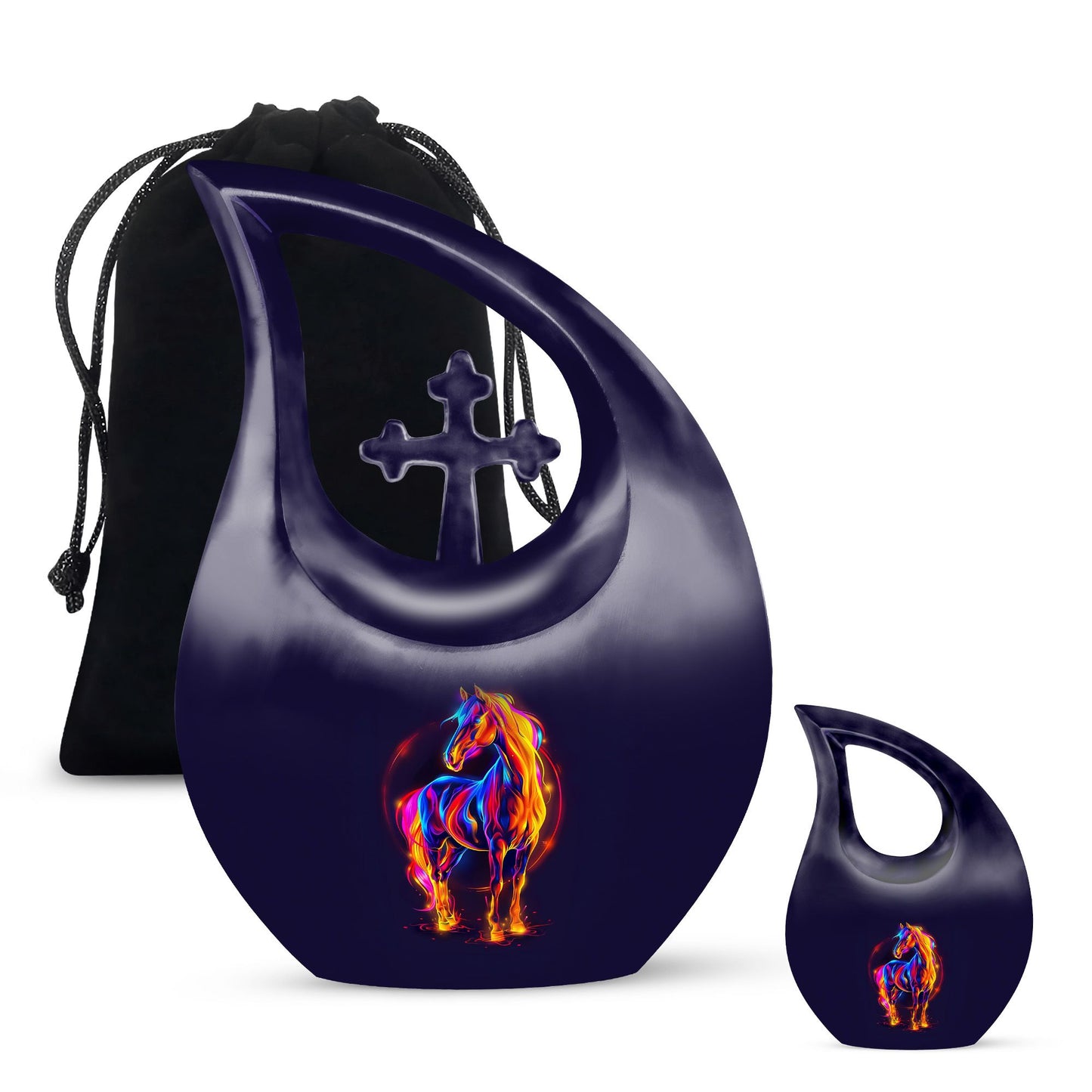 horse urn with cross drop design
