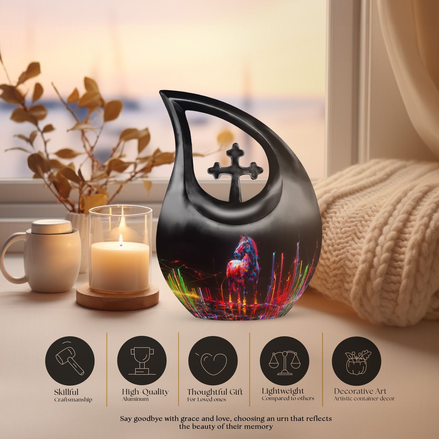  Horse Urn with Cross Drop design