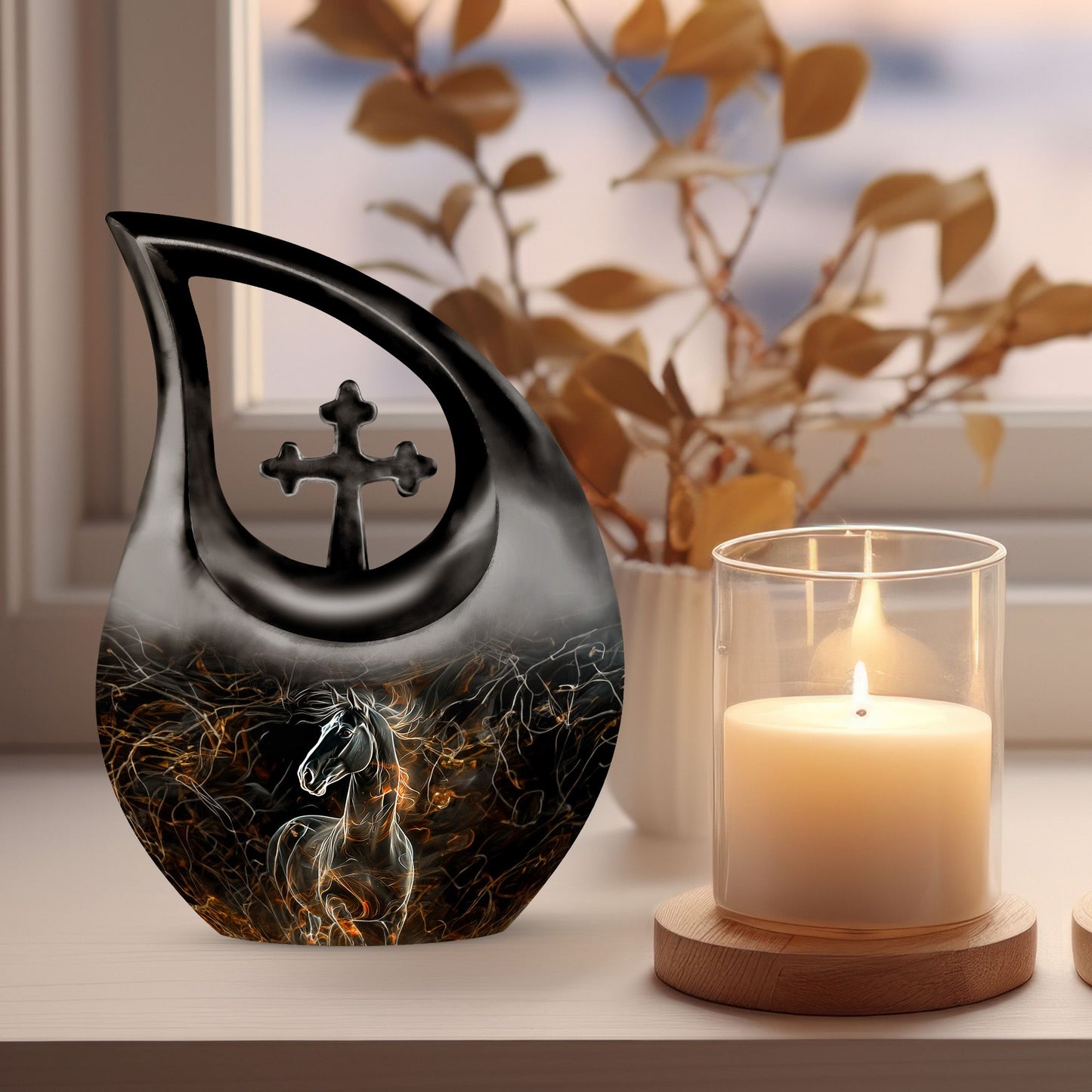 Customized 10-inch Horse Urn with Cross Drop design,