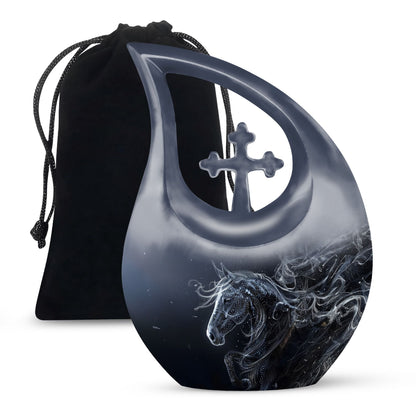 10-inch Horse-themed Large Cremation Urn with Cross